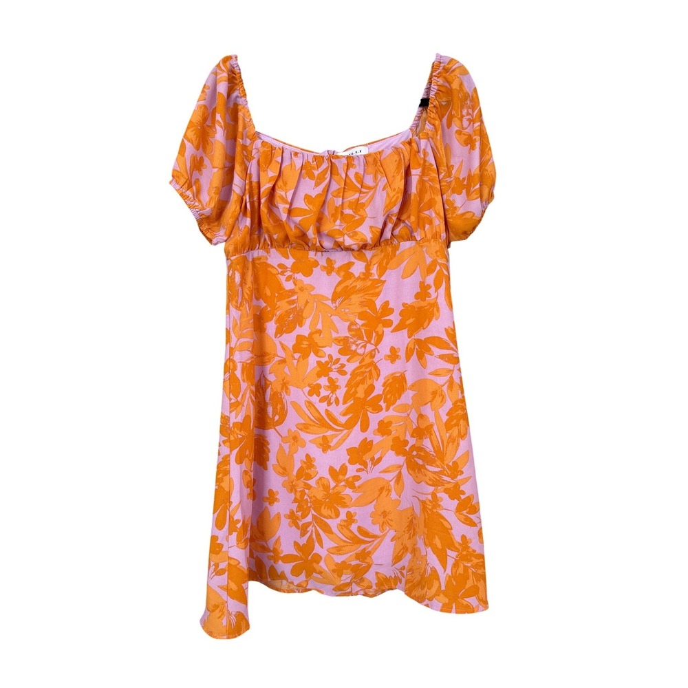 Gilli Mini Dress Womens Pink‎ Orange Floral Boho Puff Sleeve Square Neck SIZE L
